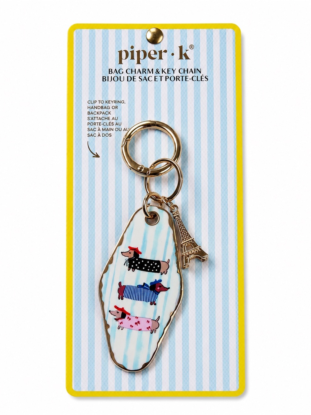 Piper Dachshund Bag Charm Keychain in Light Blue Stripe with Gold Accents